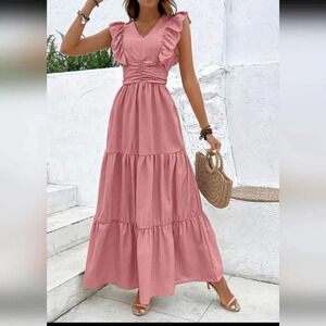 Ruffle Trim Ruched Ruffle Hem Dress